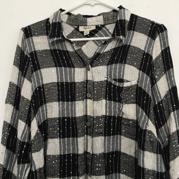 Style & Co. T-Shirt Plaid Check Button Down Black White Plus Size 1X - Picture 10 of 14